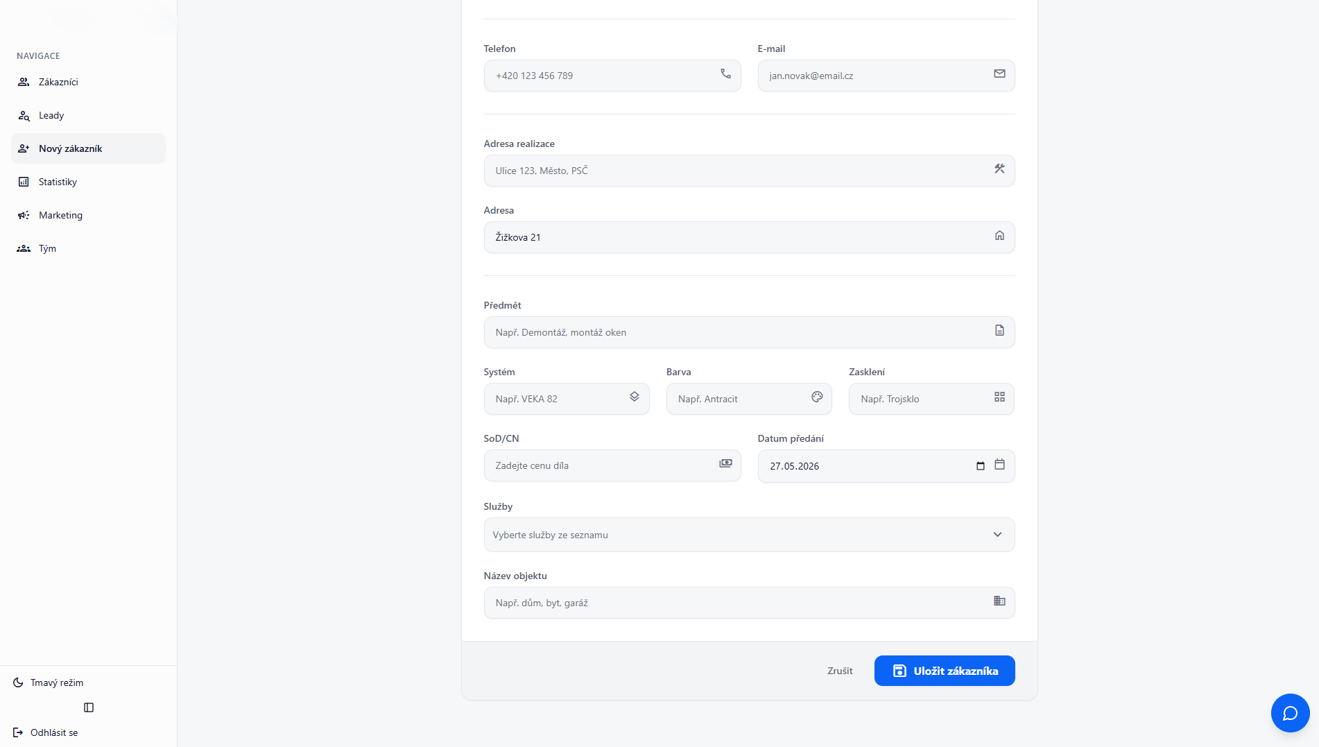 Náhled aplikace pro zakázky a CRM