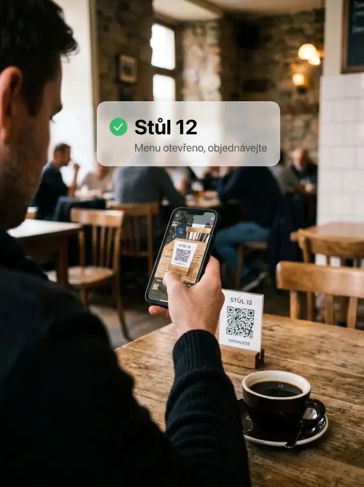 Host v restauraci skenuje telefonem QR kód na stojánku u stolu