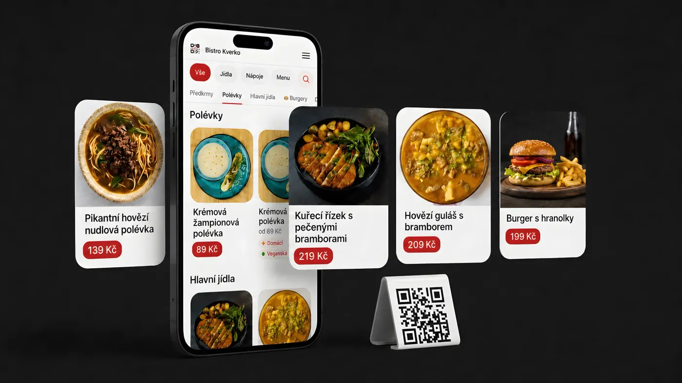Web kverko.cz na počítači: černá úvodní karta s telefonem, menu jídel a QR stojánkem