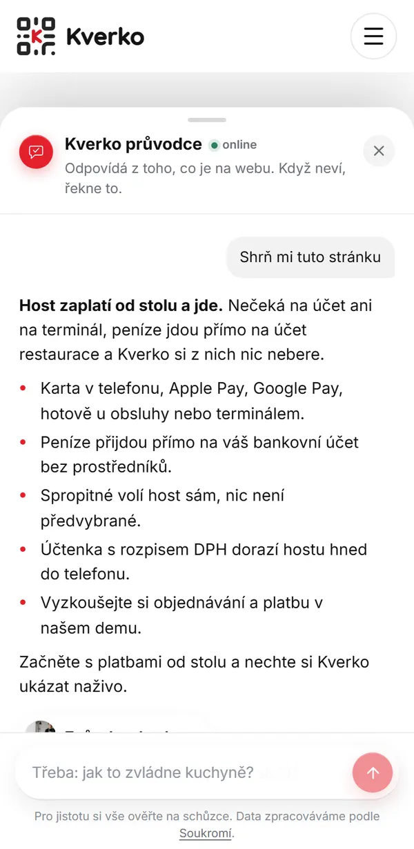 Průvodce na kverko.cz v telefonu: shrnutí stránky o platbách od stolu