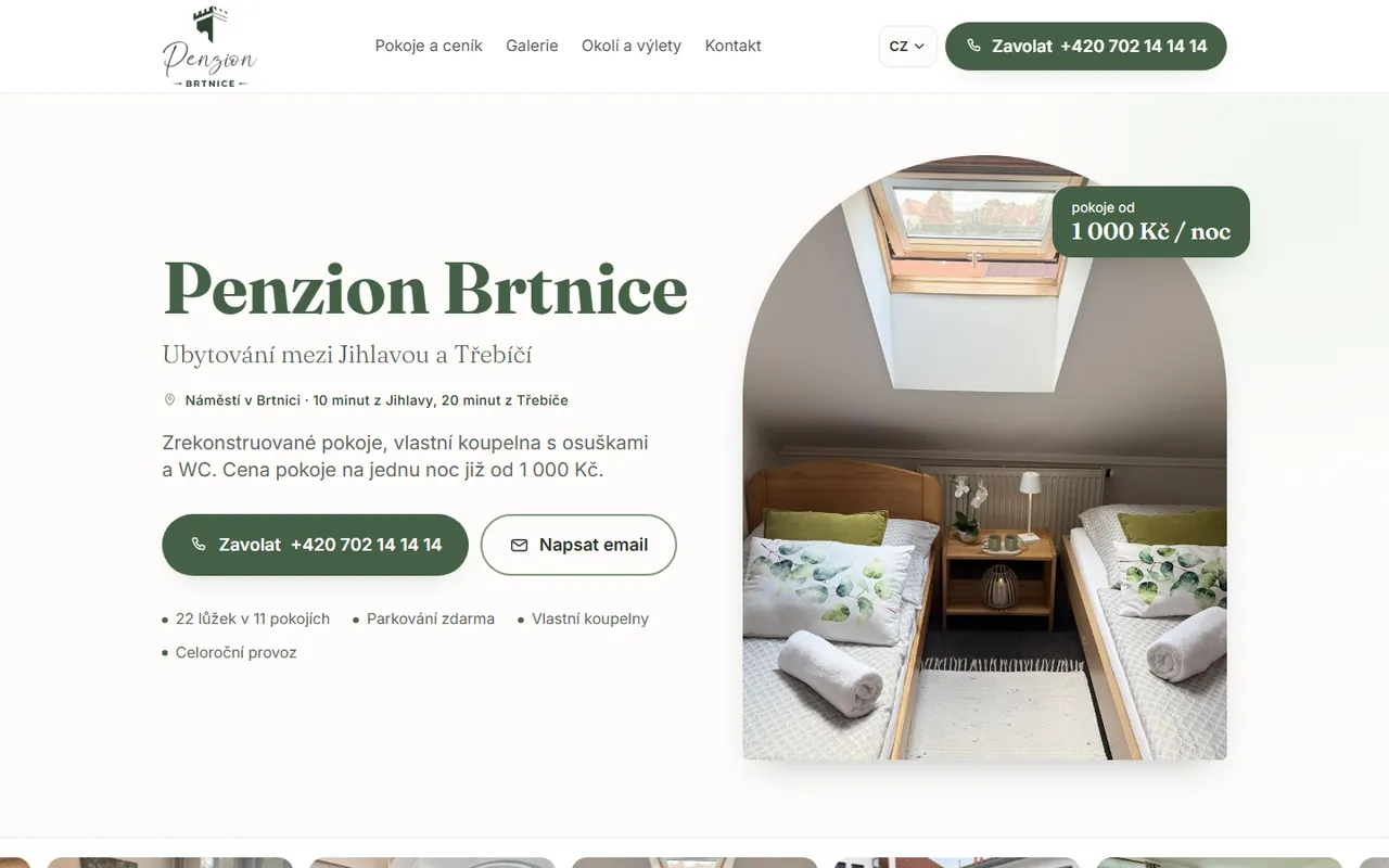 Úvodní stránka webu penzionbrtnice.cz na počítači