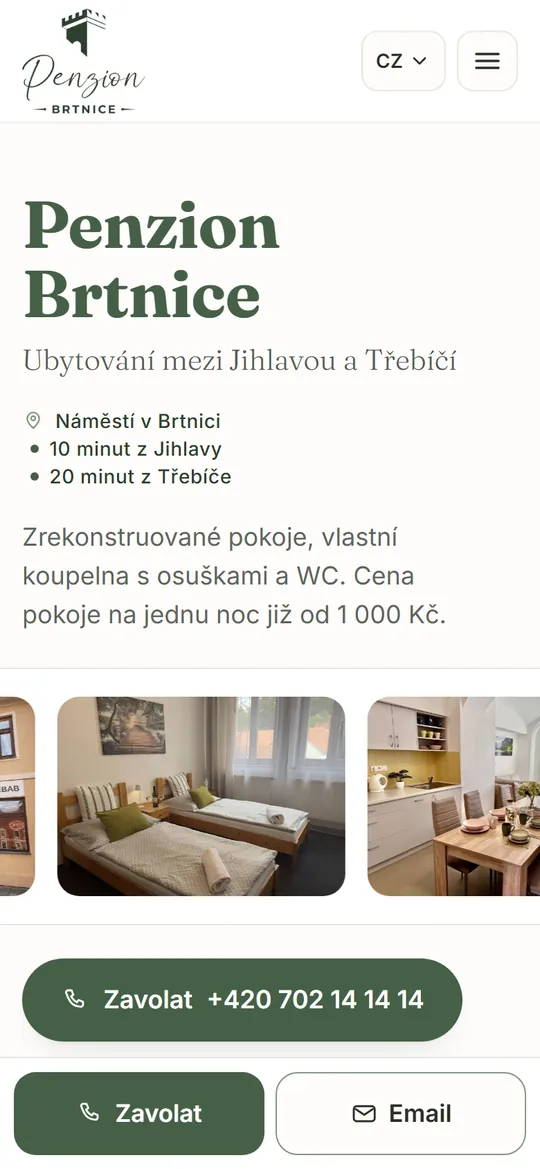 Web penzionbrtnice.cz na telefonu