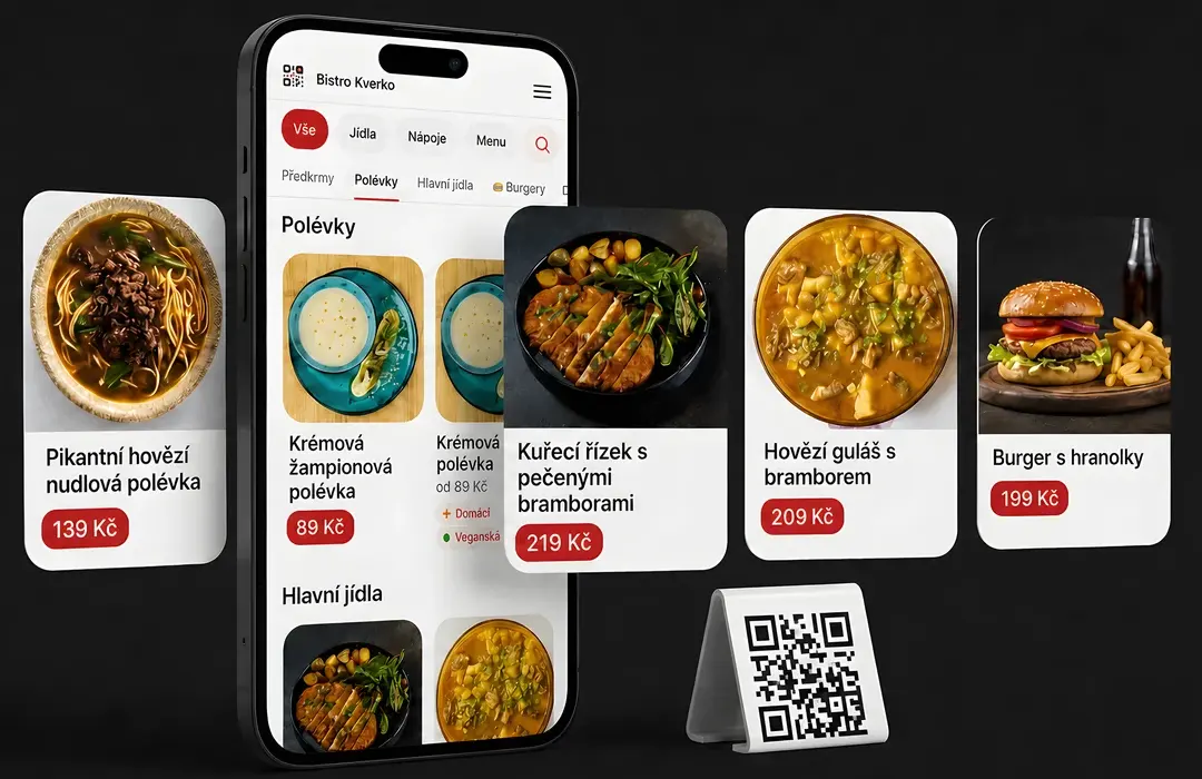 Web kverko.cz: telefon s menu restaurace a QR stojánek