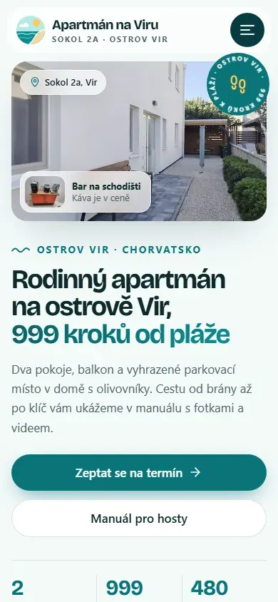Nový web hrvir.cz na telefonu: Rodinný apartmán na ostrově Vir, 999 kroků od pláže