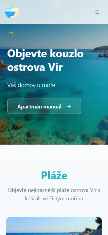 Původní web hrvir.cz na telefonu: nadpis Objevte kouzlo ostrova Vir přes fotku moře