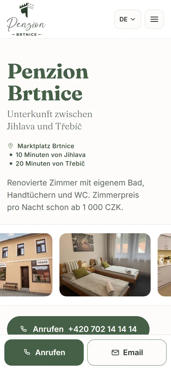 Úvodní stránka penzionbrtnice.cz, jazyk němčina