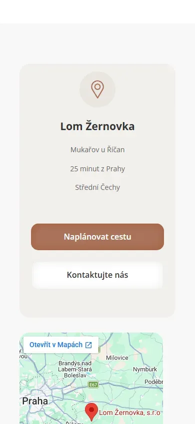 Kontakt lomu Žernovka s tlačítkem Naplánovat cestu v telefonu