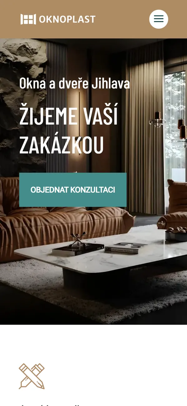 Úvod webu plastovaoknajihlava.cz v telefonu: Okna a dveře Jihlava, Žijeme vaší zakázkou